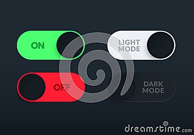 Vector Illustration Modern Interface Switch Set With On, Off, Light Mode And Dark Mode. Vector Illustration
