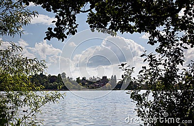 Ellesmere town and church framed by trees Stock Photo