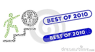 Ellipse Collage Person Climbing to Cow with Scratched Best of 2010 Seals Vector Illustration