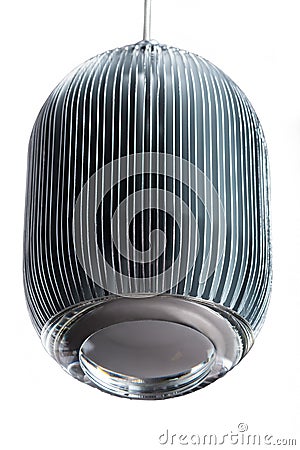 Elliptic metal gray hanging lamp isolated on white. Modern designer lamp for interiors. Stock Photo