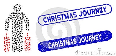 Elliptic Mosaic Passenger Luggage with Textured Christmas Journey Seals Vector Illustration