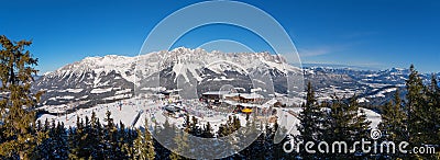 ELLMAU, TIROL/AUSTRIA, December 30th 2019 - mountain panorama top station of the Hartkaiserbahn railway with view to Wilder Kaiser Editorial Stock Photo