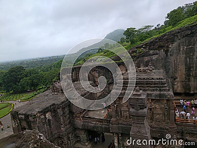 Ellora caves temple of lord shiva top front side view with people Editorial Stock Photo