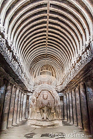 ELLORA, INDIA - FEBRUARY 7, 2017: Cave 10, chitaya (prayed hall) in Ellora, Maharasthra state, Ind Stock Photo