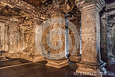 ELLORA, INDIA - FEBRUARY 7, 2017: Interior of Kailasa Temple in Ellora, Maharasthra state, Ind Stock Photo