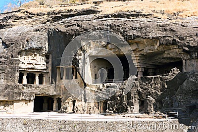 Ellora rock carved Buddhist temple Stock Photo