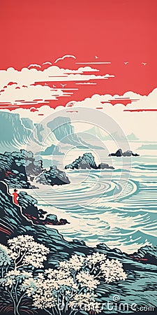 Serene Coastal Landscape Poster In Red And Cyan Stock Photo