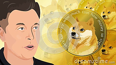 Elon Musk and Dogecoin DOGE cryptocurrency, shiba inu dog face on coin Vector Illustration