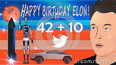 Elon Musk happy birthday. Elon Musk portrait, Tesla Bot, Twitter logo, Tesla Cybertruck Cartoon Illustration