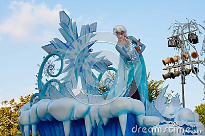 Elsa of Frozen fame on float in Disneyland Parade Editorial Stock Photo