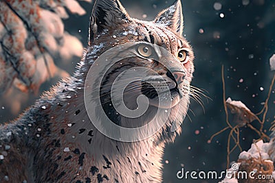 Elusive Lynx peeking out from behind a snow-covered tree in the boreal forest Stock Photo