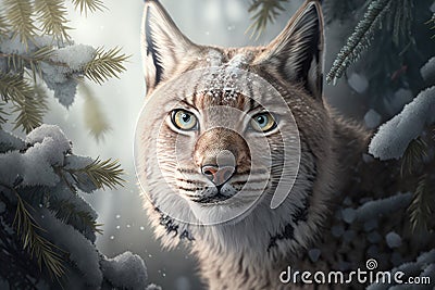 Elusive Lynx peeking out from behind a snow-covered tree in the boreal forest Stock Photo