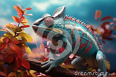 Elusive and vibrant chameleons blending into ancie Stock Photo