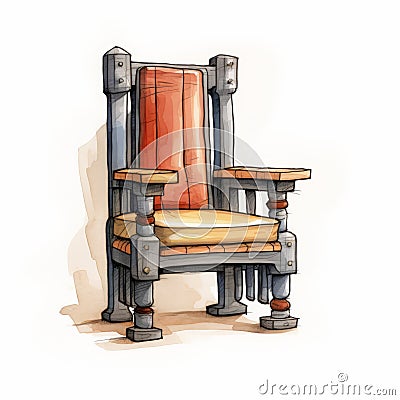 Cartoonish Wooden Throne With Red Cushions - Realistic Watercolor Sketch Cartoon Illustration