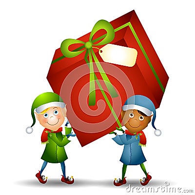 Elves Carrying Christmas Gift Cartoon Illustration
