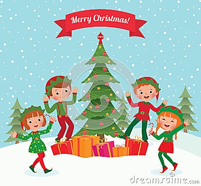 Elves and Christmas tree Vector Illustration