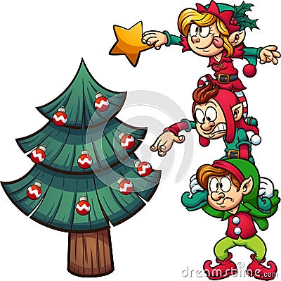 Elves decorating Christmas tree Vector Illustration