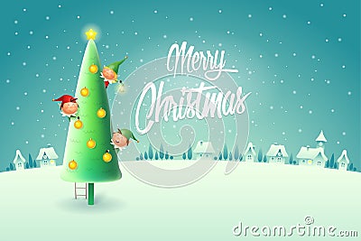 Elves decorating Christmas tree - Merry Christmas greeting card - winter night scene vector illustration Vector Illustration