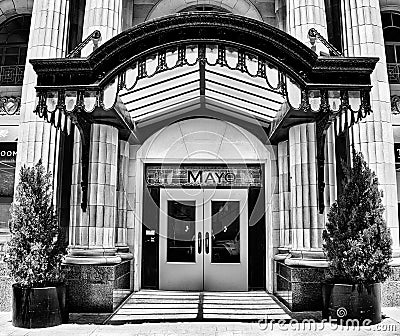 Monochrome Entrance of the Magnificent Mayo Hotel, Tulsa, Oklahoma. Restored Art Deco Tourisim Destination Editorial Stock Photo