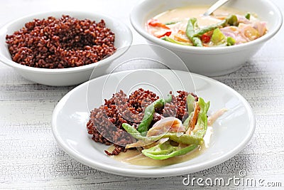 Ema datshi with red rice,bhutanese cuisine Stock Photo