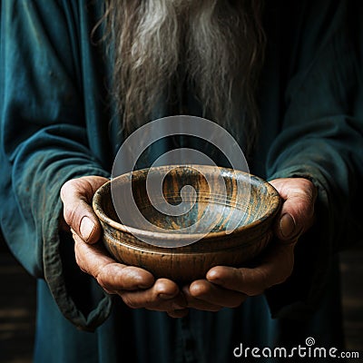 Emaciated hands hold an empty bowl against wood, depicting the reality of hunger Stock Photo