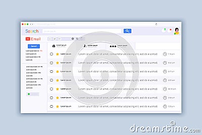 Email Application web page design template, modern user interface and content mockup Vector Illustration