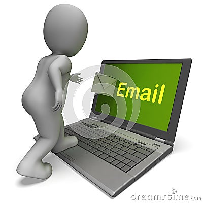 Email Character On Laptop Shows Contact Mailing Or Correspondence Stock Photo