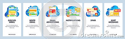 Email and chat mobile app. Phone notifications and advertisement. Spam, message sorting. App onboarding screens. Vector Vector Illustration
