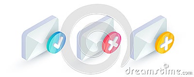 Email with checkmark isometric icon set. Confirm and Cancel email, unsubscribe, successful verification, add new message concept. Vector Illustration