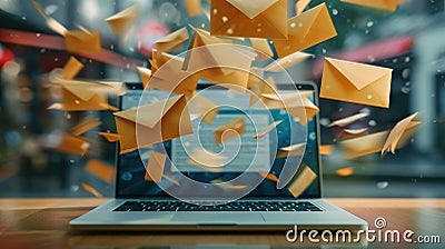 Email clutter and spam concept portrayed with envelopes hovering over a laptop, Ai Generated Stock Photo