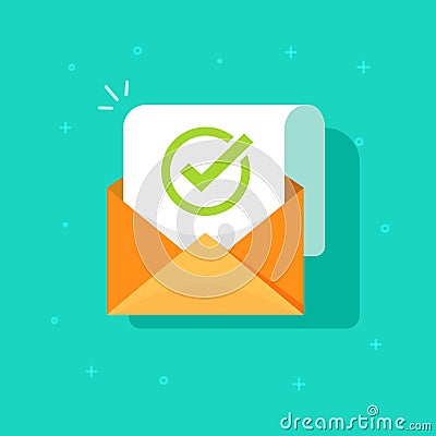 Email confirmation vector illustration, flat cartoon envelope with confirmation letter document, checked and accepted Vector Illustration