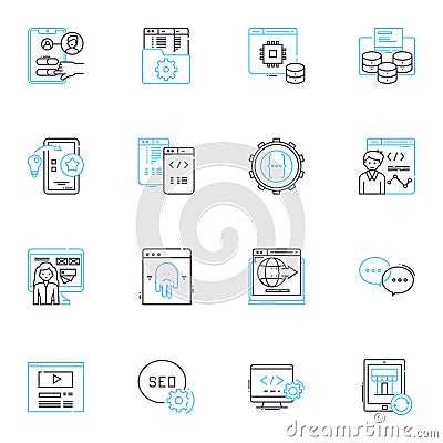 Email design linear icons set. Typography, Layout, Graphics, Branding, Template, Responsive, Mobile-friendly line vector Vector Illustration