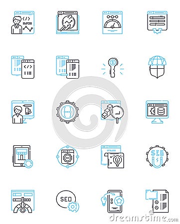 Email design linear icons set. Typography, Layout, Graphics, Branding, Template, Responsive, Mobile-friendly line vector Vector Illustration