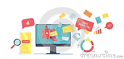 Email Digital Marketing, Online Communication Concept. Business Strategy, Computer Sending Messages and Notifications Vector Illustration