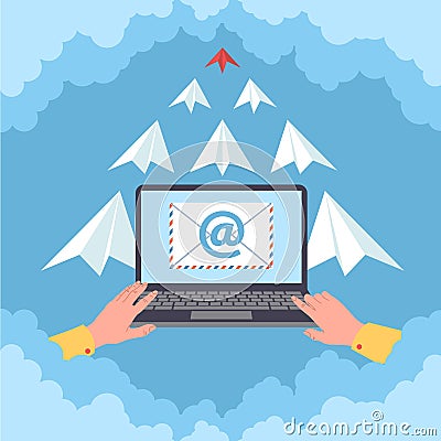 Email distribution. Person writing letters and sending messages with laptop. Online messenger application. Flying paper Vector Illustration