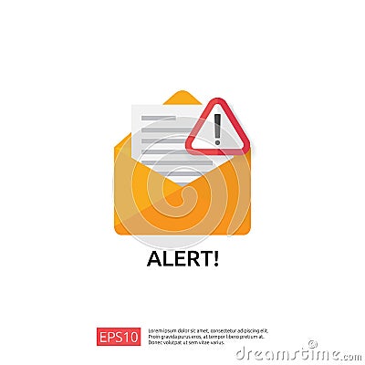 email envelope attention warning attacker alert sign with exclamation mark. internet danger concept. shield line icon for VPN. Vector Illustration