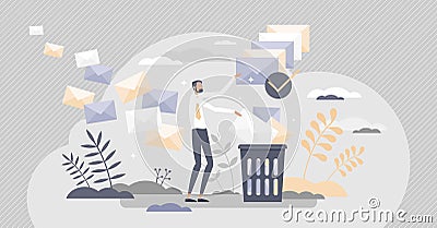 Email filter and inbox content analysis and sort in order tiny person concept Cartoon Illustration