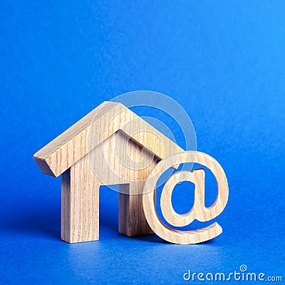 Email icon and house. Contacts for business, home page, home address. communication on Internet. Internet and global communication Stock Photo