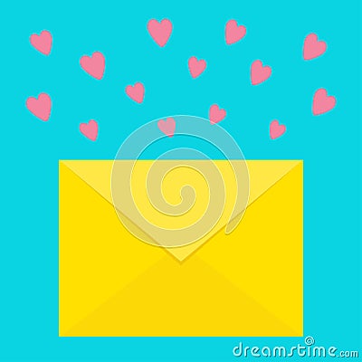 Email icon. Yellow paper envelope. Love letter template with pink flying hearts. New message sign symbol. Unread notification. Fla Vector Illustration