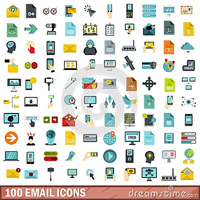 100 email icons set, flat style Vector Illustration