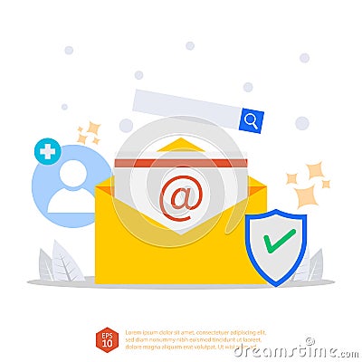 Email inbox vector concept. electronic message with add account, shield, and search item services. mail message idea as part of Vector Illustration