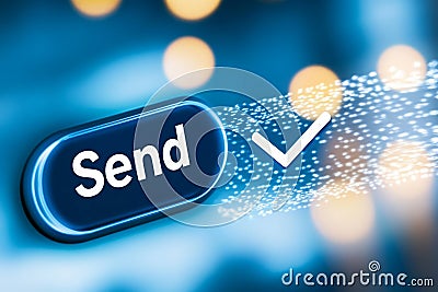 Email interface with a clicked Send button and progress bar showing successful delivery Stock Photo