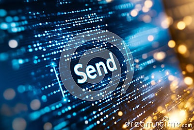 Email interface with a clicked Send button and progress bar showing successful delivery Stock Photo