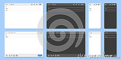 Email interface. Mail client new message window user interface, desktop and mobile layout vector UI template illustration set Vector Illustration
