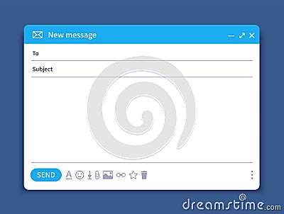 Email interface. Mail window template, internet message isolated frame, blank email UI design. Vector email window Vector Illustration