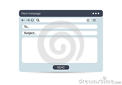 Email interface. Mail window template, internet message isolated frame, blank email UI design. Vector email window Vector Illustration