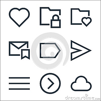 Email line icons. linear set. quality vector line set such as cloud, right, menu, send, right, saved, favourite, lock Vector Illustration
