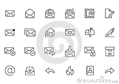 Email line icons set. Letter, spam mail, open envelope, postage stamp, mailbox, new document minimal vector Vector Illustration