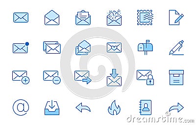 Email line icons set. Letter, spam mail, open envelope, postage stamp, mailbox, new document minimal vector Vector Illustration