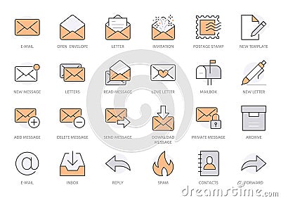 Email line icons set. Letter, spam mail, open envelope, postage stamp, mailbox, new document minimal vector Cartoon Illustration